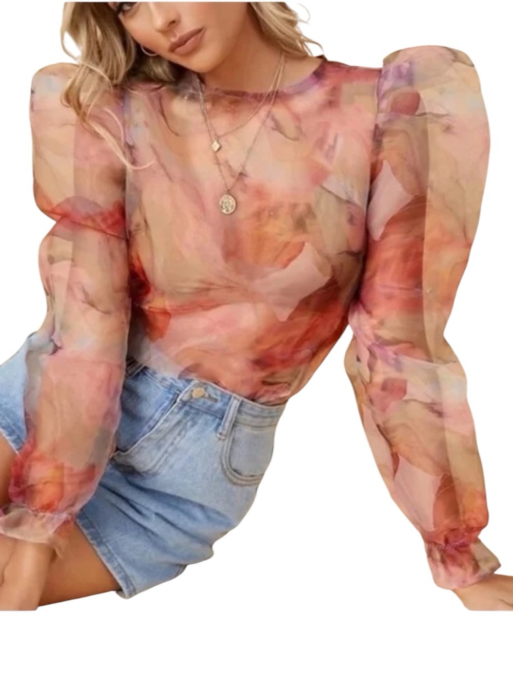 2/$30 NWT SHEIN BAE Sheer Floral Organza Puff Sleeve Blouse XS Romantic Mesh Top